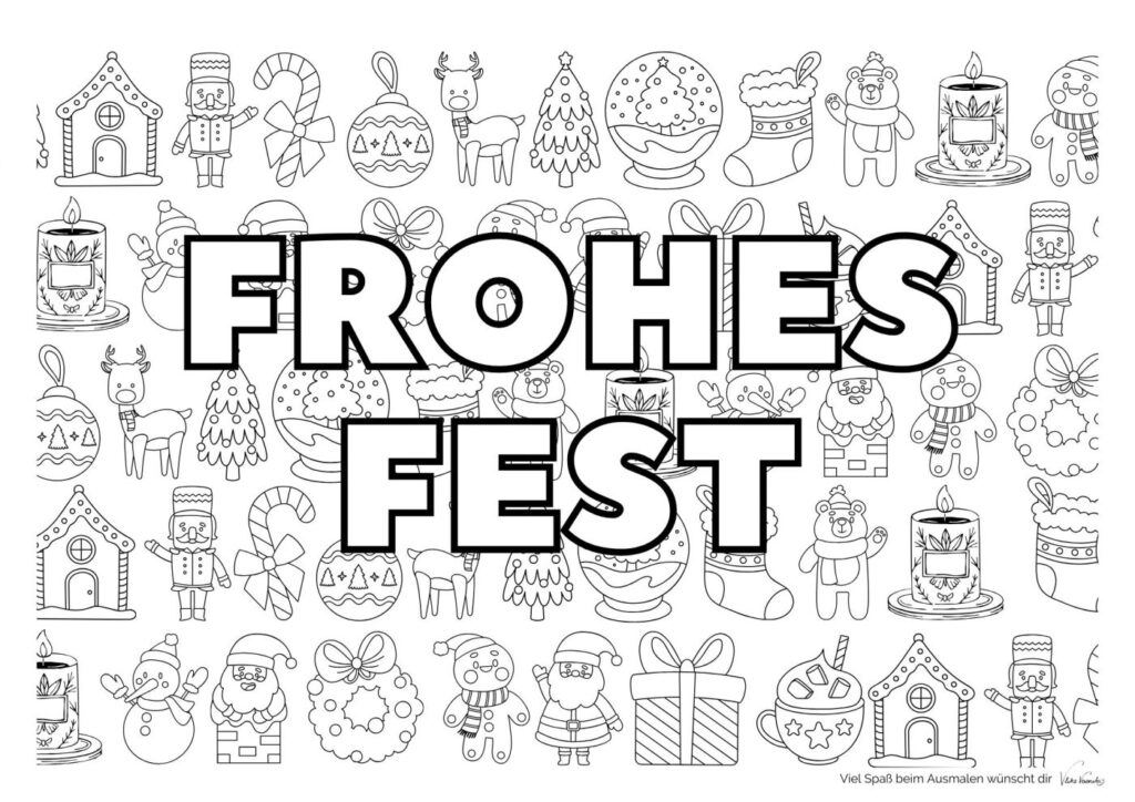 Ausmalbild mit weihnachtlichen Motiven und "Frohes Fest" Schriftzug.