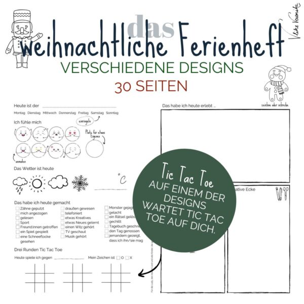 Hol dir das Ferienheft mit Tic Tac Toe für Kinder für die Weihnachtsferien mit weihnachtlichen Bildern.